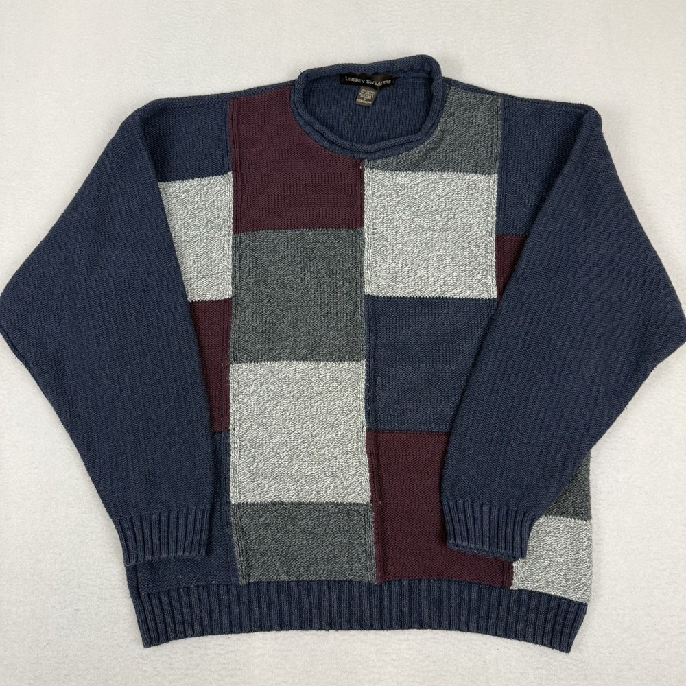 Vintage 90s Liberty Sweaters Colorblock Patchwork Grandpa Knit Sweater Large USA